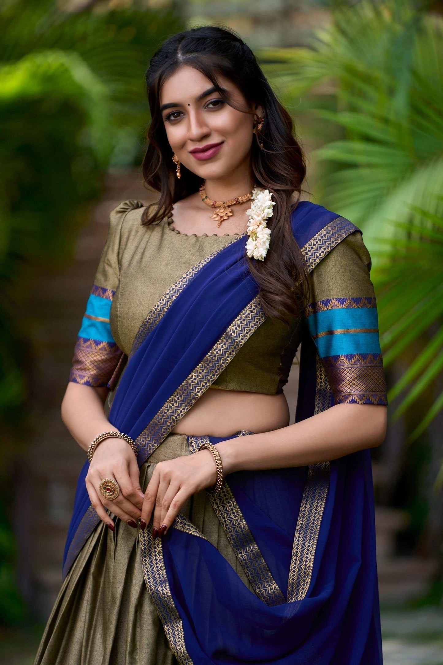 South Style Poly Cotton Half Chikoo Color Saree Set with Elegant Georgette Dupatta