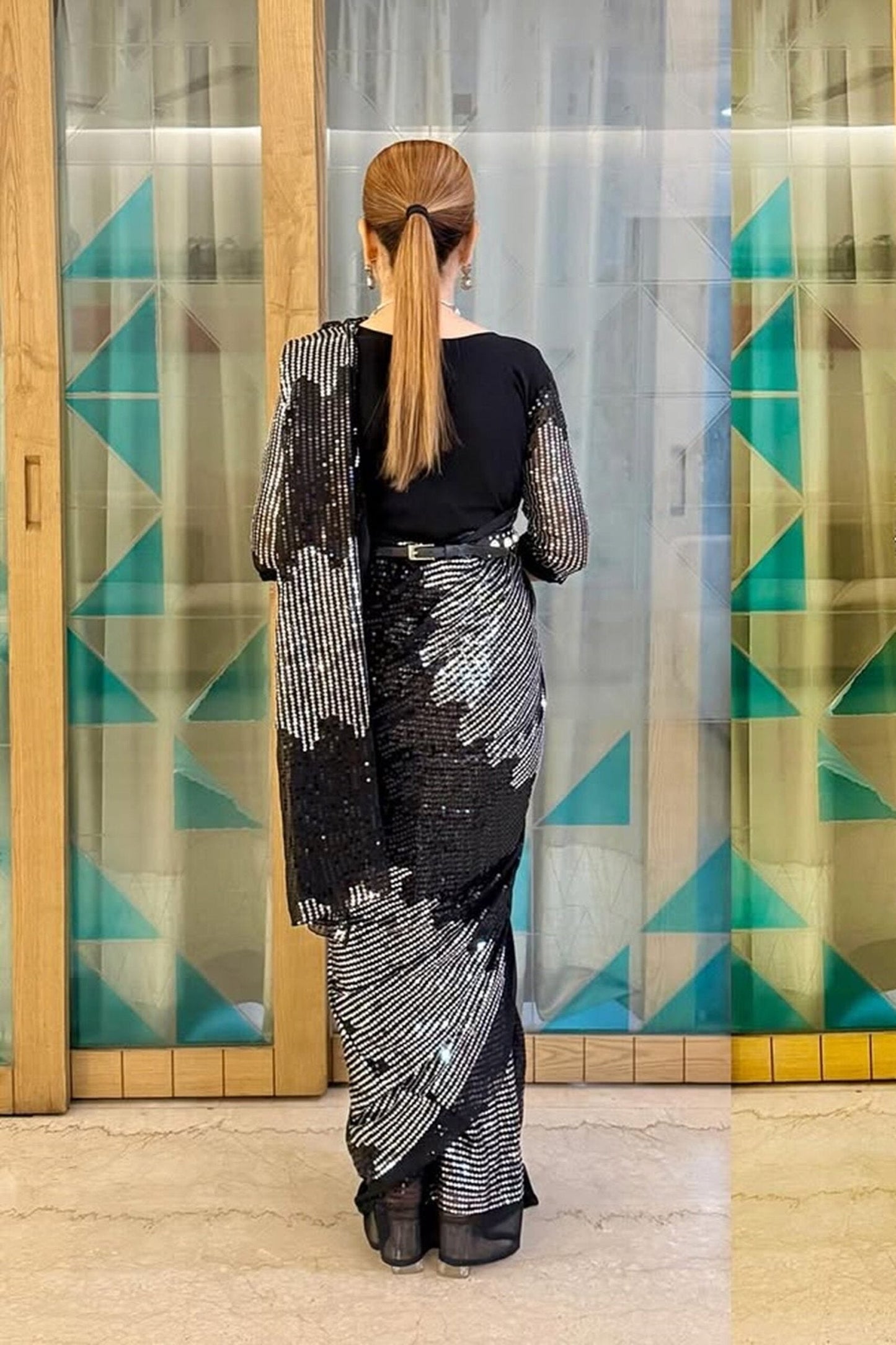 Black Zip Gown Saree with Attached Dupatta