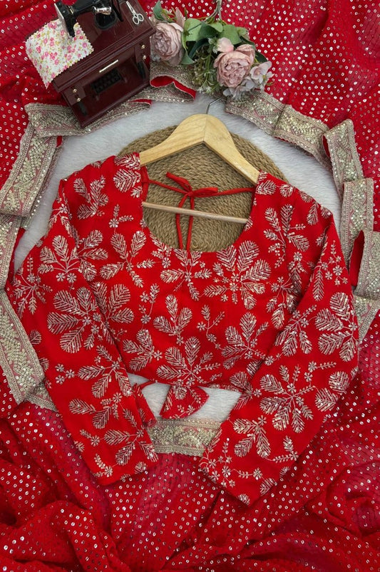 Premium Red Faux Blooming Georgette Saree with Thread & Sequence Work