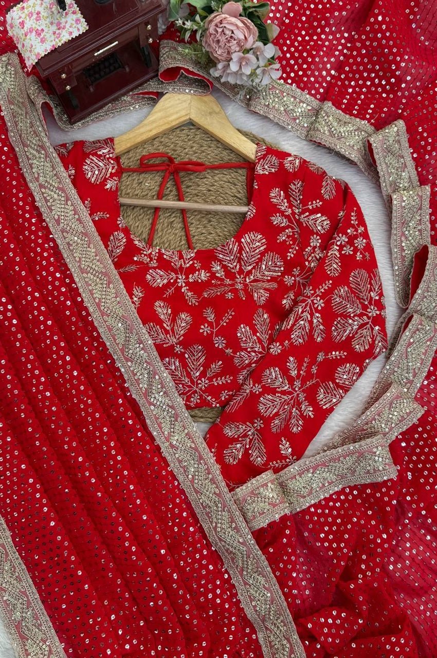 Premium Red Faux Blooming Georgette Saree with Thread & Sequence Work