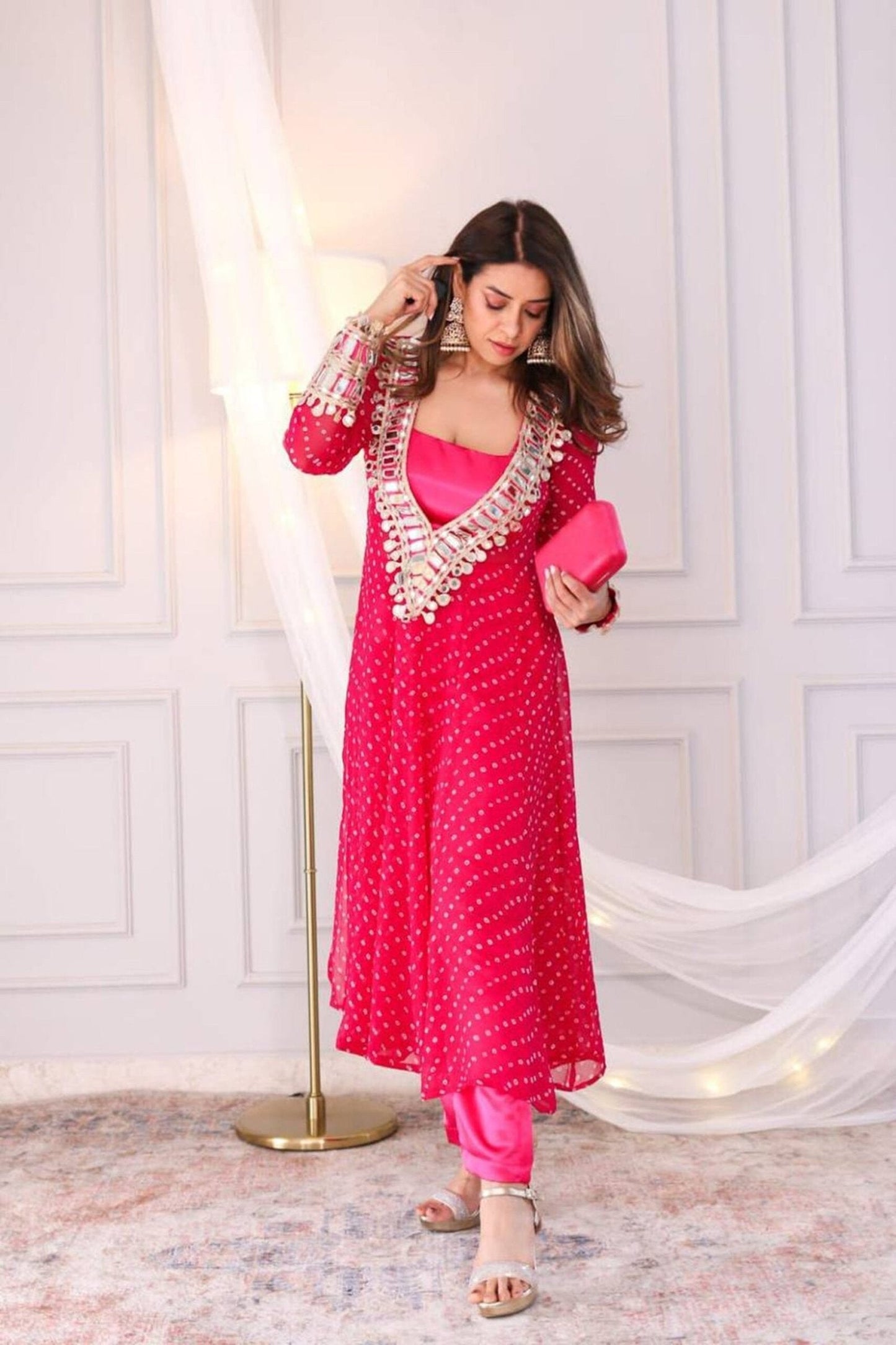 Rani Pink Bandhani Print Mirror Work Cord Set