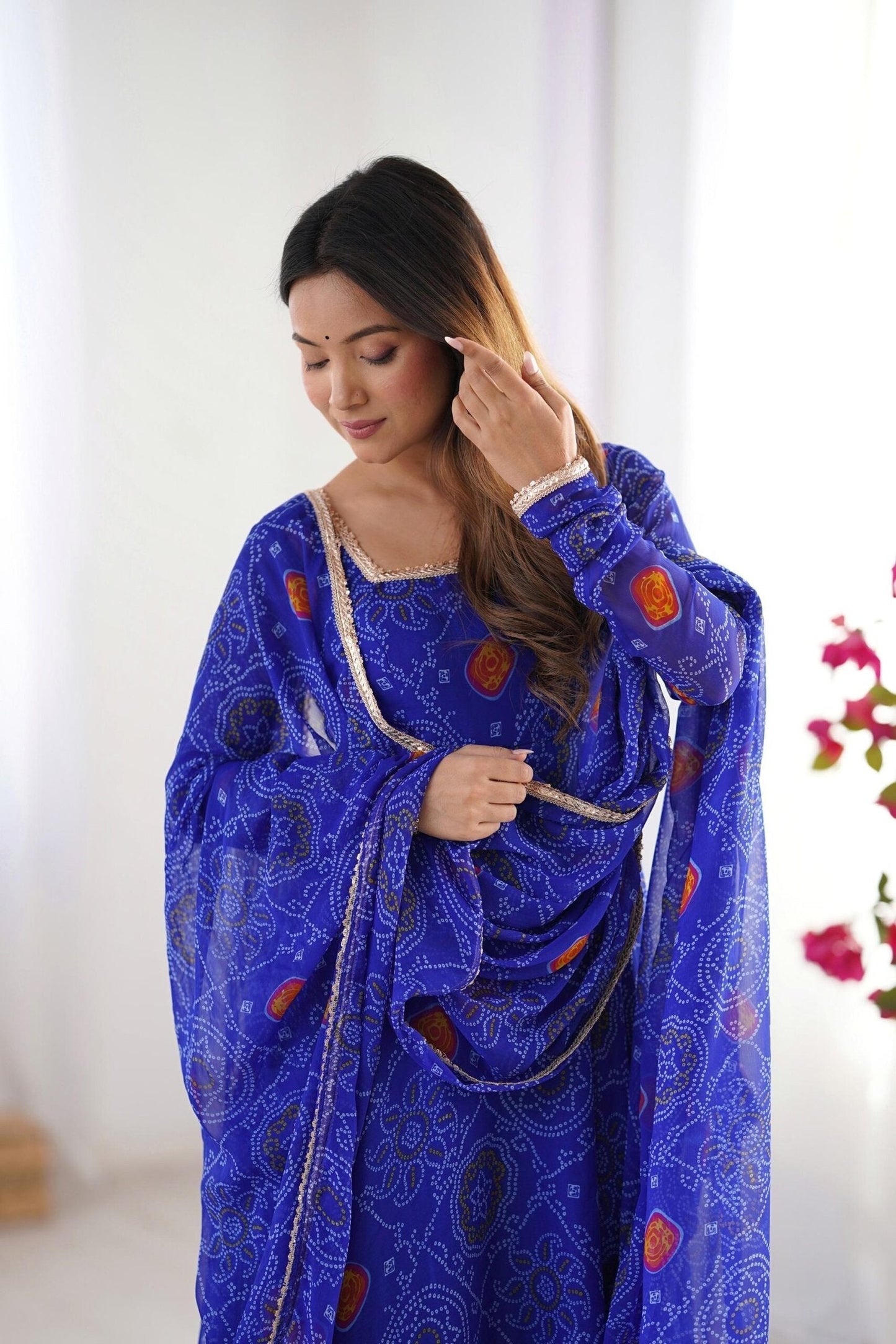 Royal Blue Bandhej Print Anarkali Suit Set