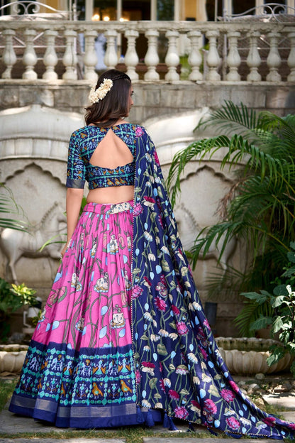 Pink Tussar Silk Lehenga Choli Set with Pichwai and Patola Print Elegant Ethnic Wear