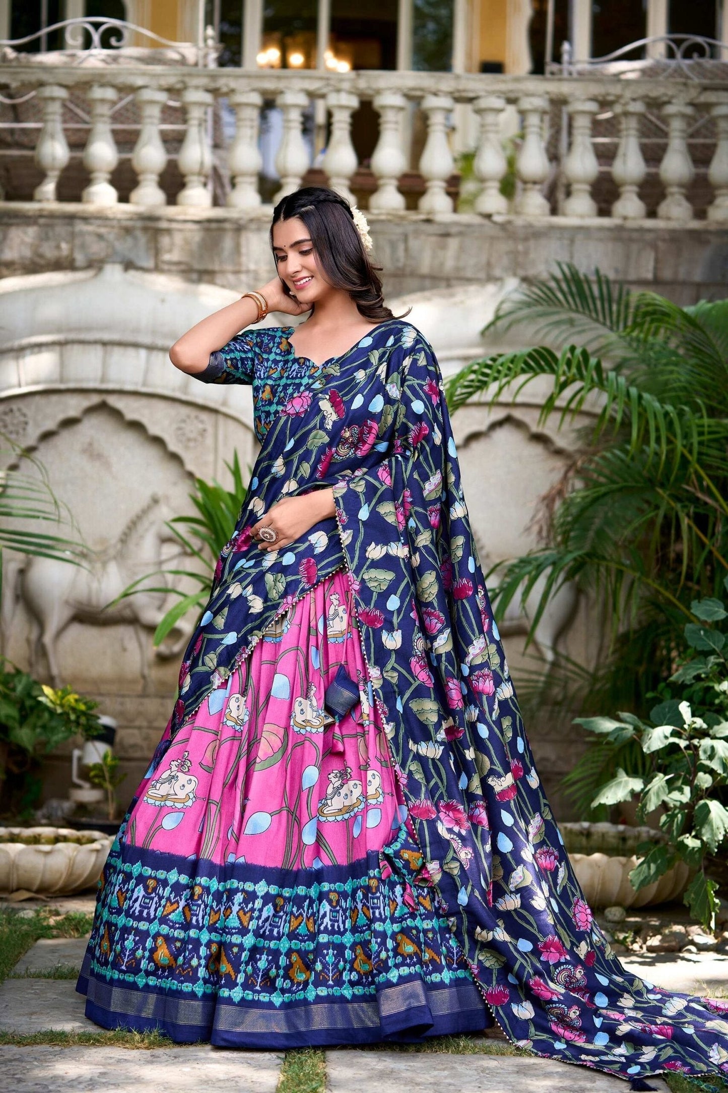 Pink Tussar Silk Lehenga Choli Set with Pichwai and Patola Print Elegant Ethnic Wear