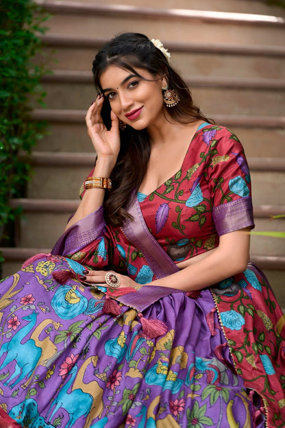 Lavender Color Kalamkari Print With Zari Weaving Dola Silk Voni Lehenga Choli