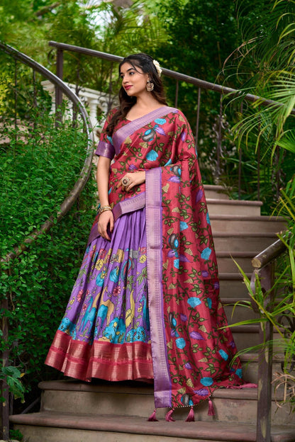 Lavender Color Kalamkari Print With Zari Weaving Dola Silk Voni Lehenga Choli