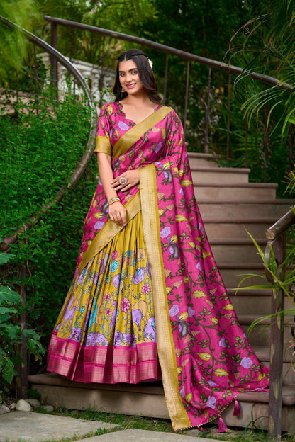 Mustard Dola Silk Lehenga Choli Set with Kalamkari Print and Zari Weaving
