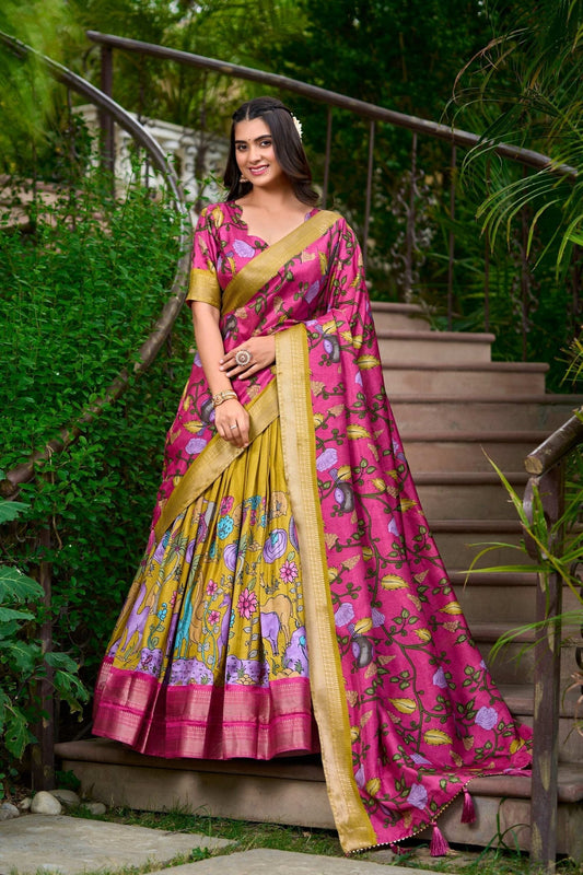 Mustard Dola Silk Lehenga Choli Set with Kalamkari Print and Zari Weaving