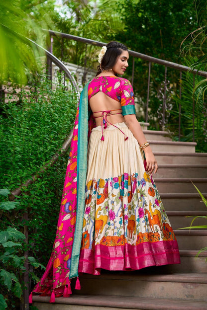 White Dola Silk Lehenga Choli Set with Kalamkari Print and Zari Weaving