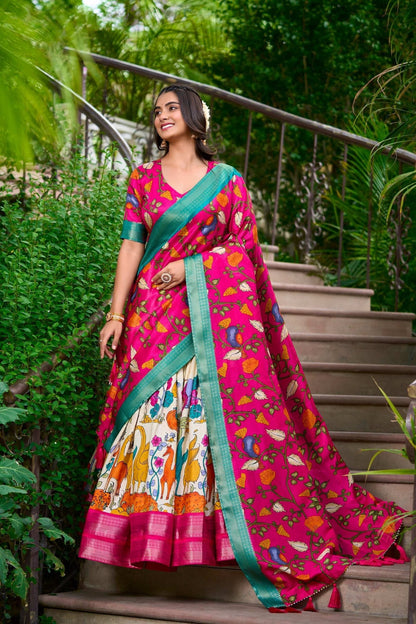 White Dola Silk Lehenga Choli Set with Kalamkari Print and Zari Weaving