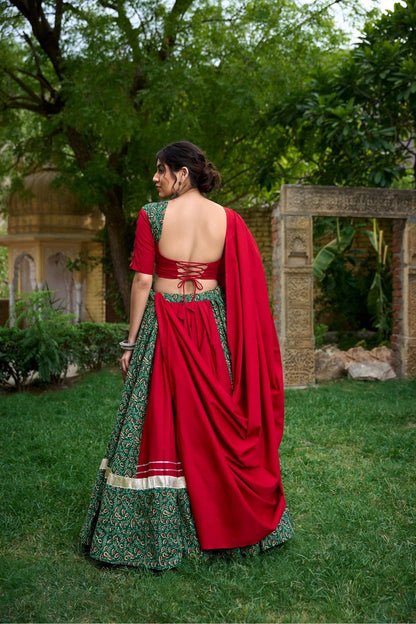 Green Color Cotton Navratri Lehenga Choli Set