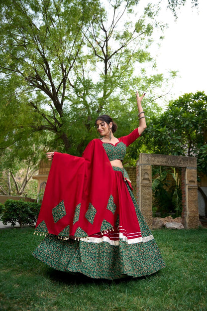 Green Color Cotton Navratri Lehenga Choli Set