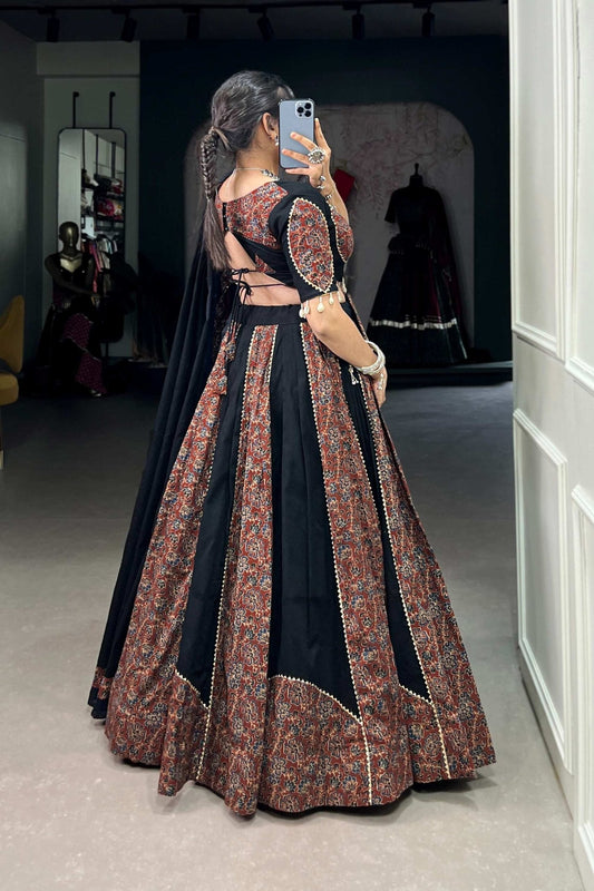 Black Cotton Chaniya Choli Set with Gota Patti and Printed Work Traditional Lehenga