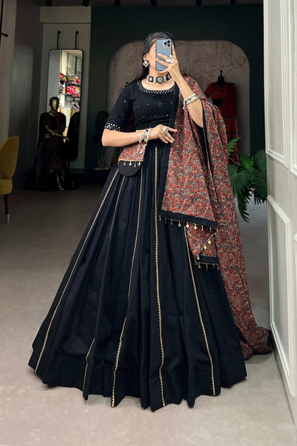 Black Cotton Traditional Lehenga Choli Set with Gota Patti Work