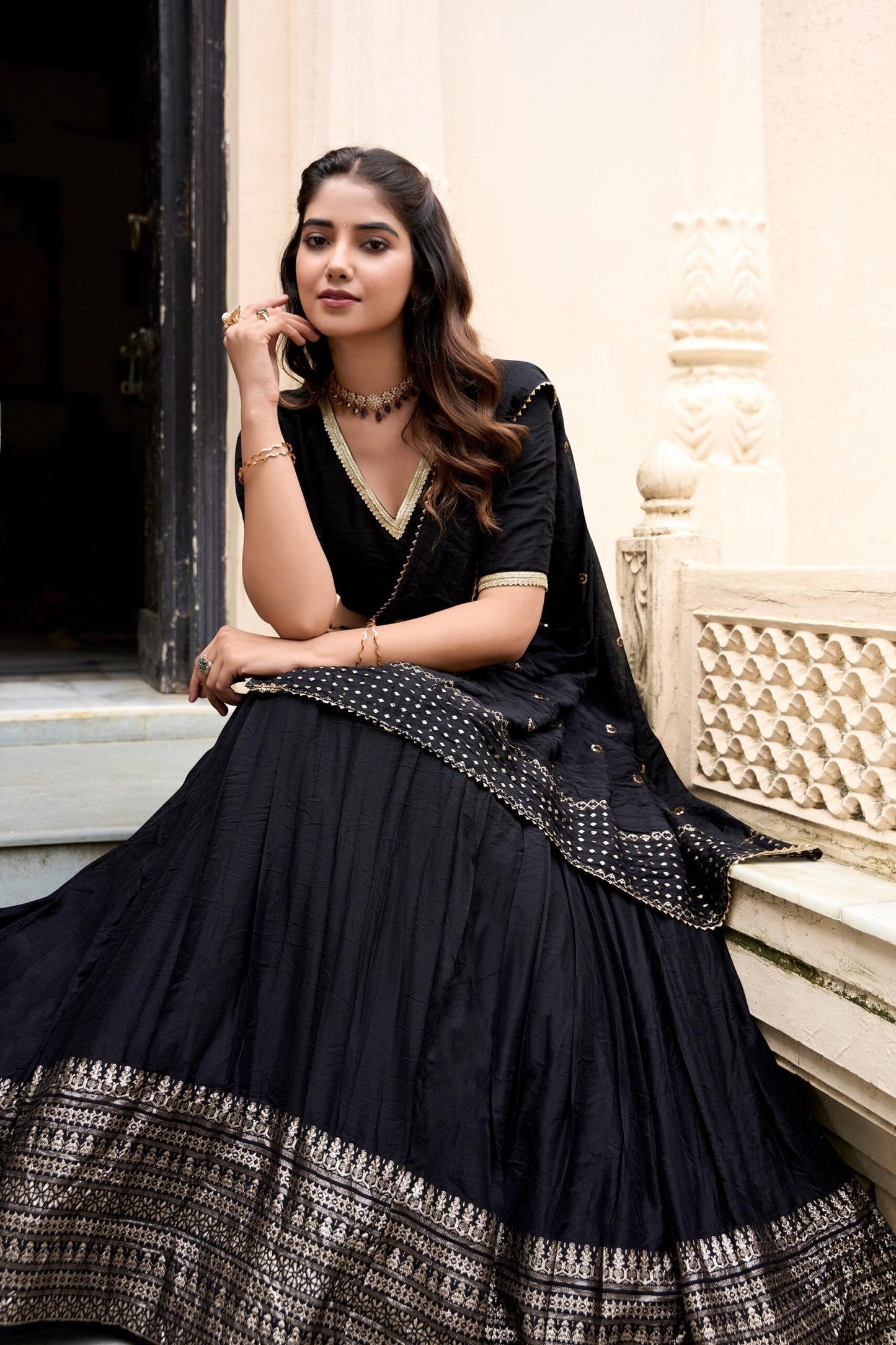 Black Chanderi Silk Lehenga Choli Set