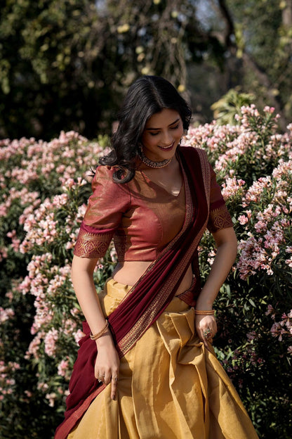 Cream Color Zari Weaving Work Kanchipuram Lehenga Choli