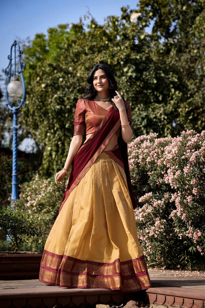 Cream Color Zari Weaving Work Kanchipuram Lehenga Choli