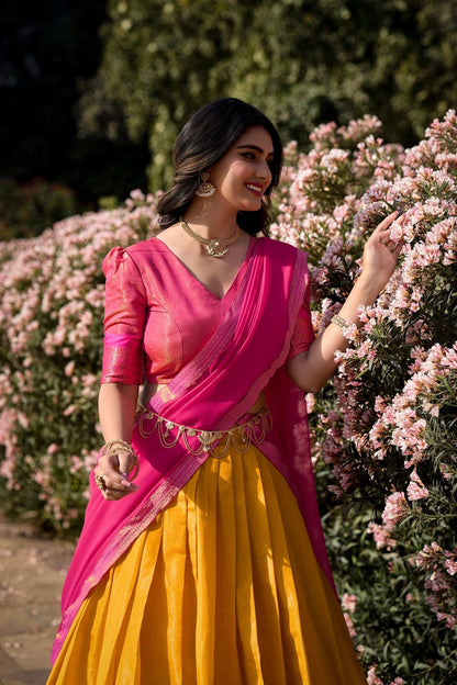 Mustard Color Zari Weaving Work Kanchipuram South Indian Lehenga Choli