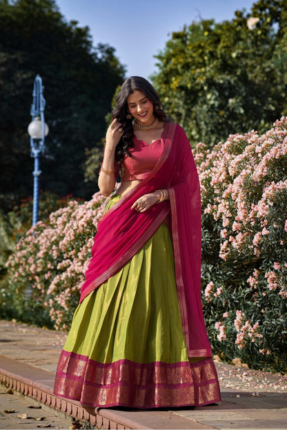 Parrot Green Color Zari Weaving Work Kanchipuram South Culture Lehenga Choli