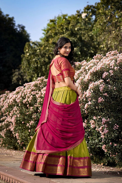 Parrot Green Color Zari Weaving Work Kanchipuram South Culture Lehenga Choli