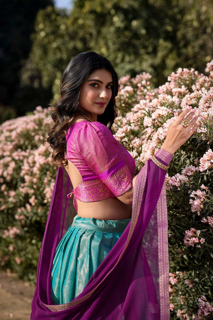 Sky Blue Color Zari Weaving Work Kanchipuram Women Lehenga Choli