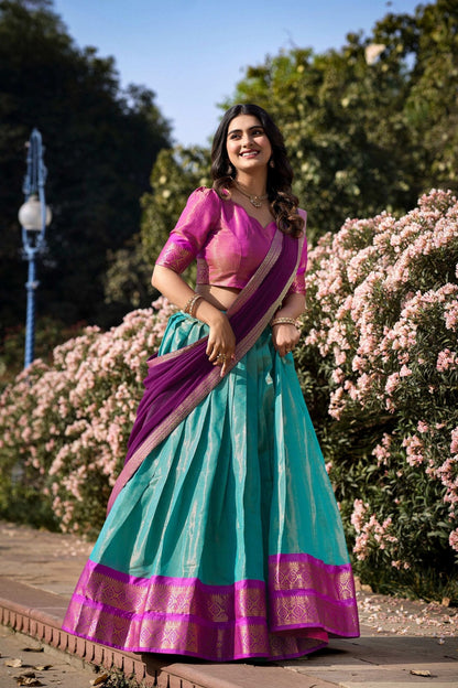 Sky Blue Color Zari Weaving Work Kanchipuram Women Lehenga Choli