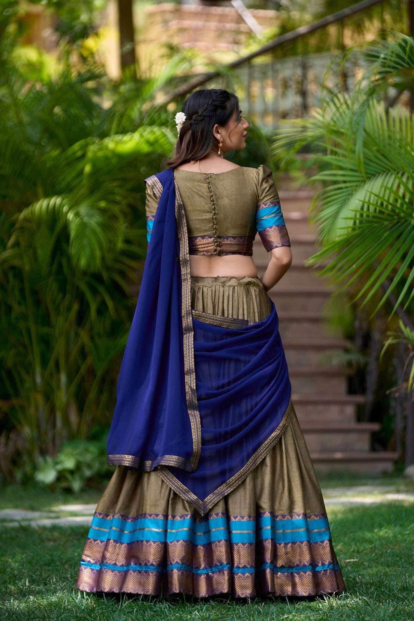 South Style Poly Cotton Half Chikoo Color Saree Set with Elegant Georgette Dupatta