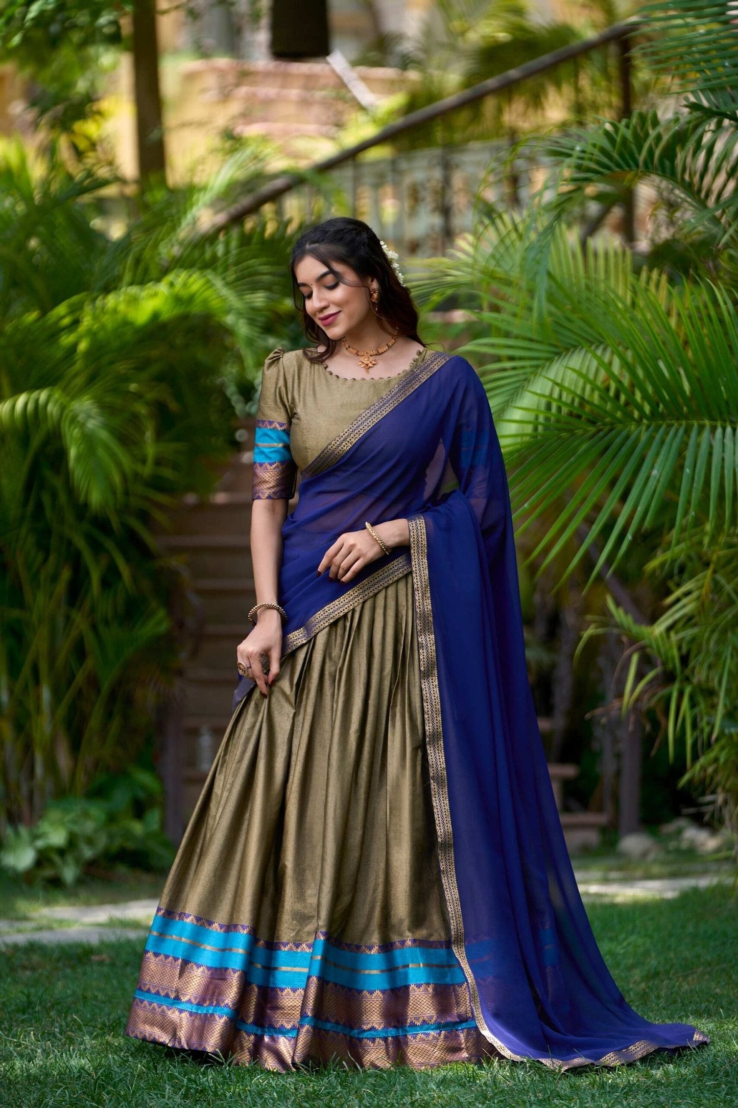 South Style Poly Cotton Half Chikoo Color Saree Set with Elegant Georgette Dupatta