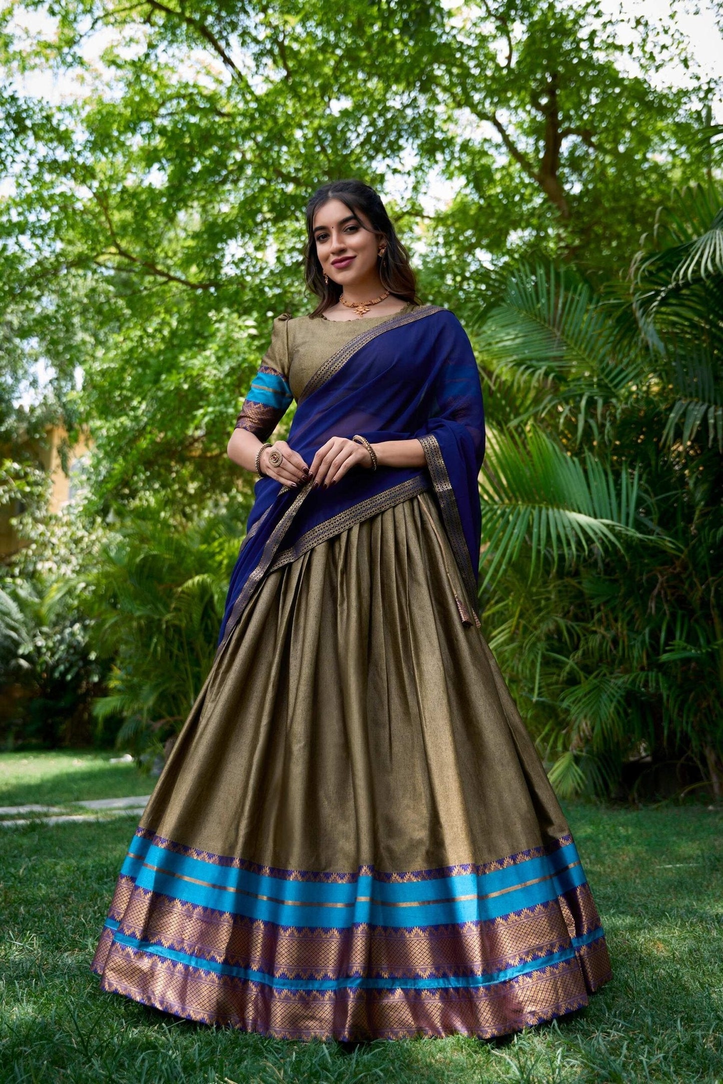 South Style Poly Cotton Half Chikoo Color Saree Set with Elegant Georgette Dupatta