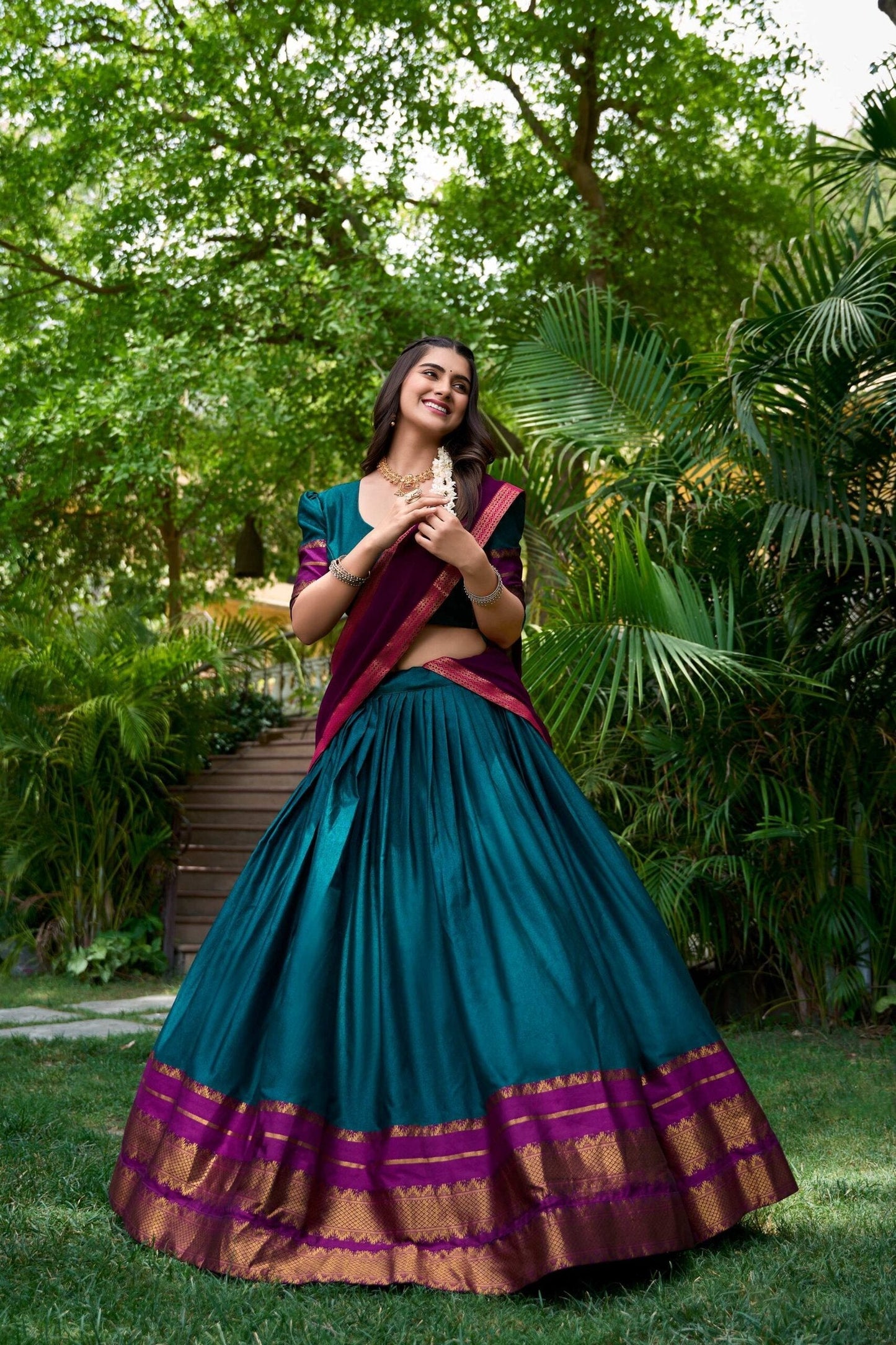 Teal Color South Style Poly Cotton Half Saree Set
