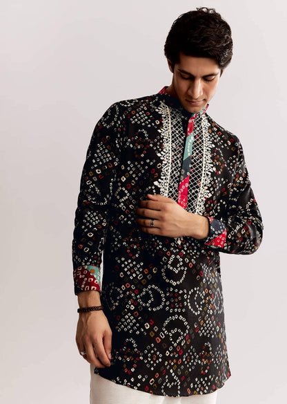 Black Silk Kurta Set with Bandhani Print