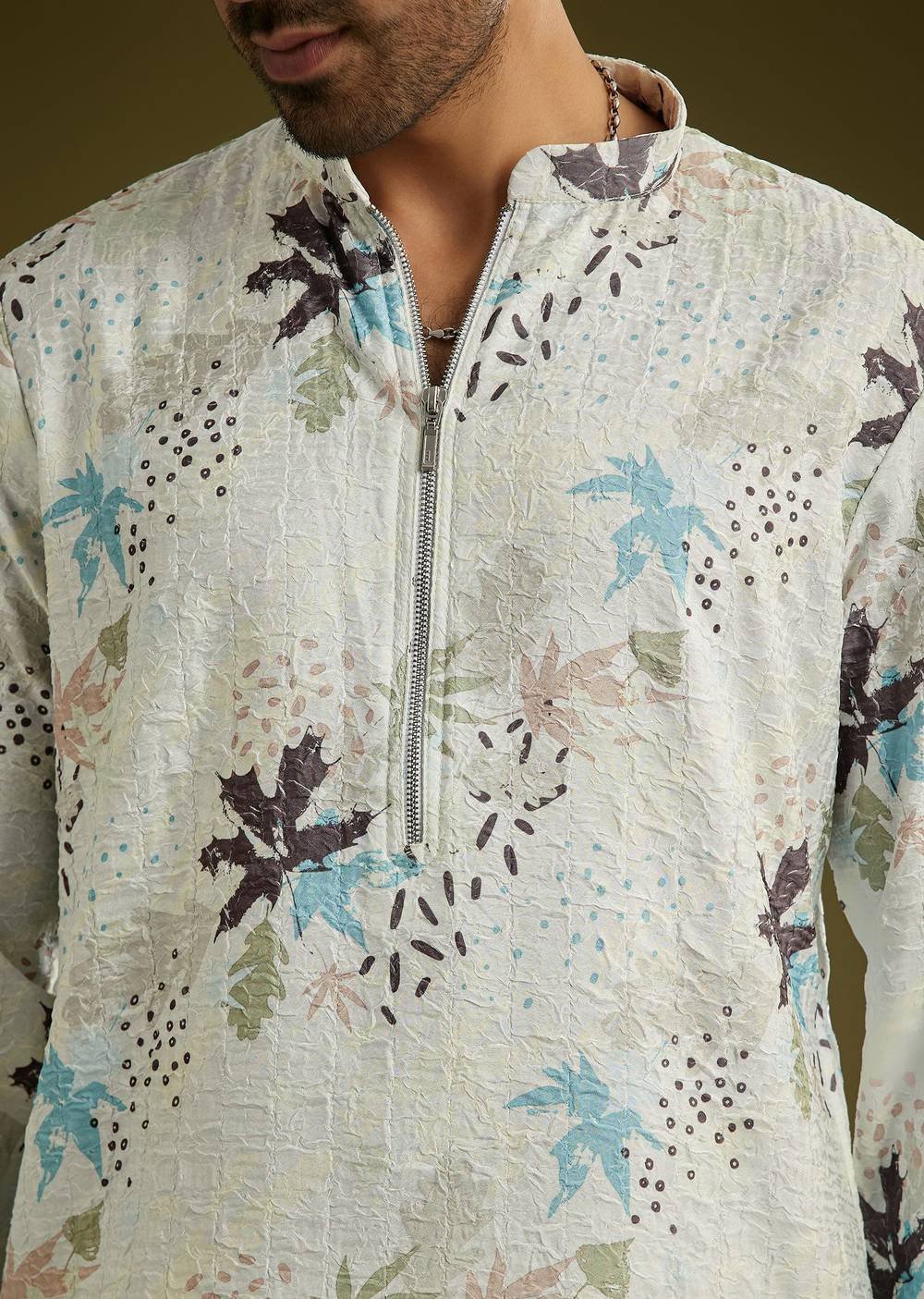 White Linen Zipper Kurta Set With Abstract Leaf Motifs