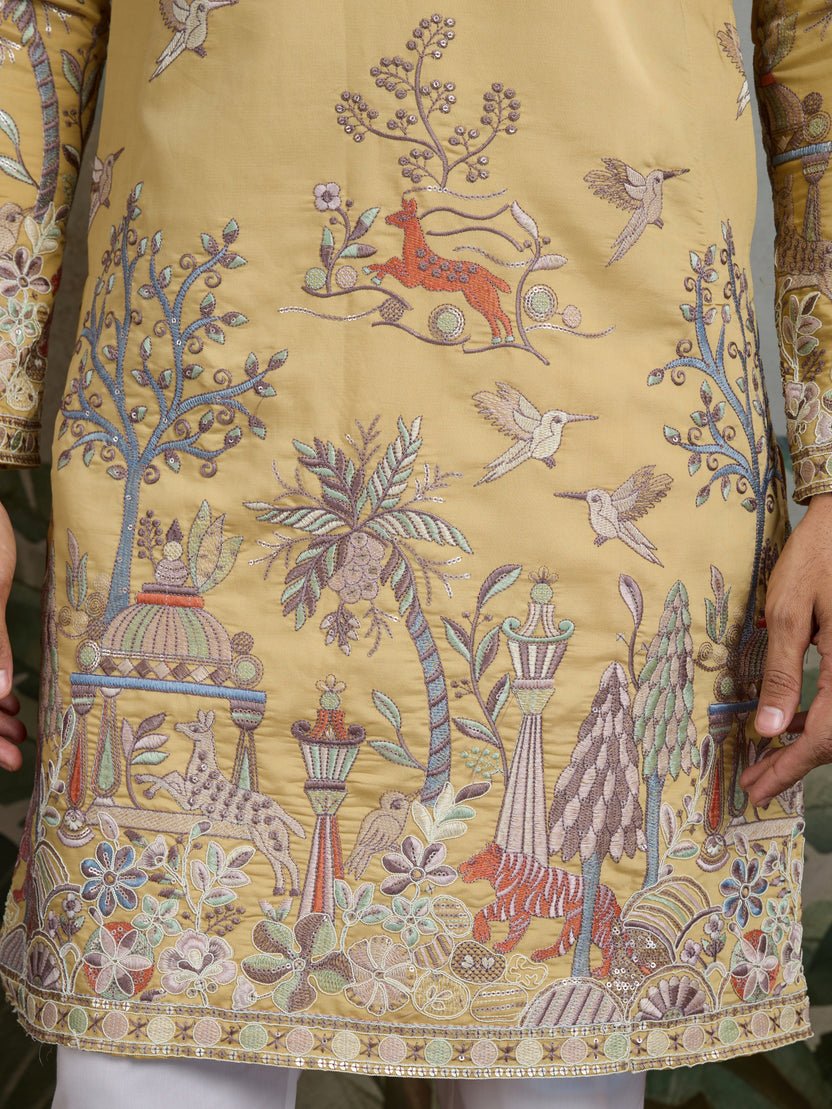 Yellow Viscose Silk Mens kurta for haldi ceremony