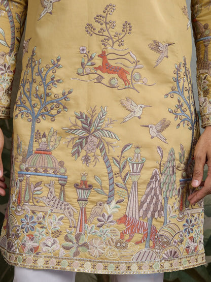 Yellow Viscose Silk Mens kurta for haldi ceremony