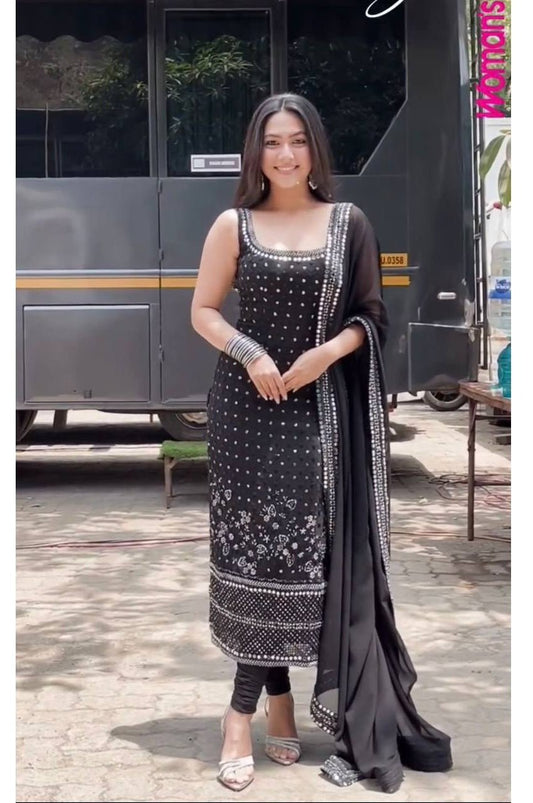 Black Faux Georgette Suit with Real Mirror Work