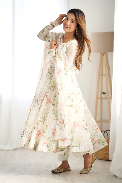 White Flower Print Organza Silk Anarkali Suit Set