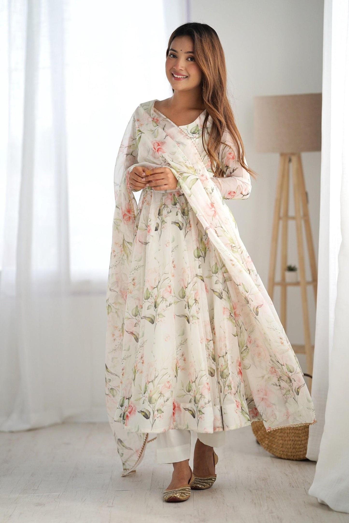White Flower Print Organza Silk Anarkali Suit Set
