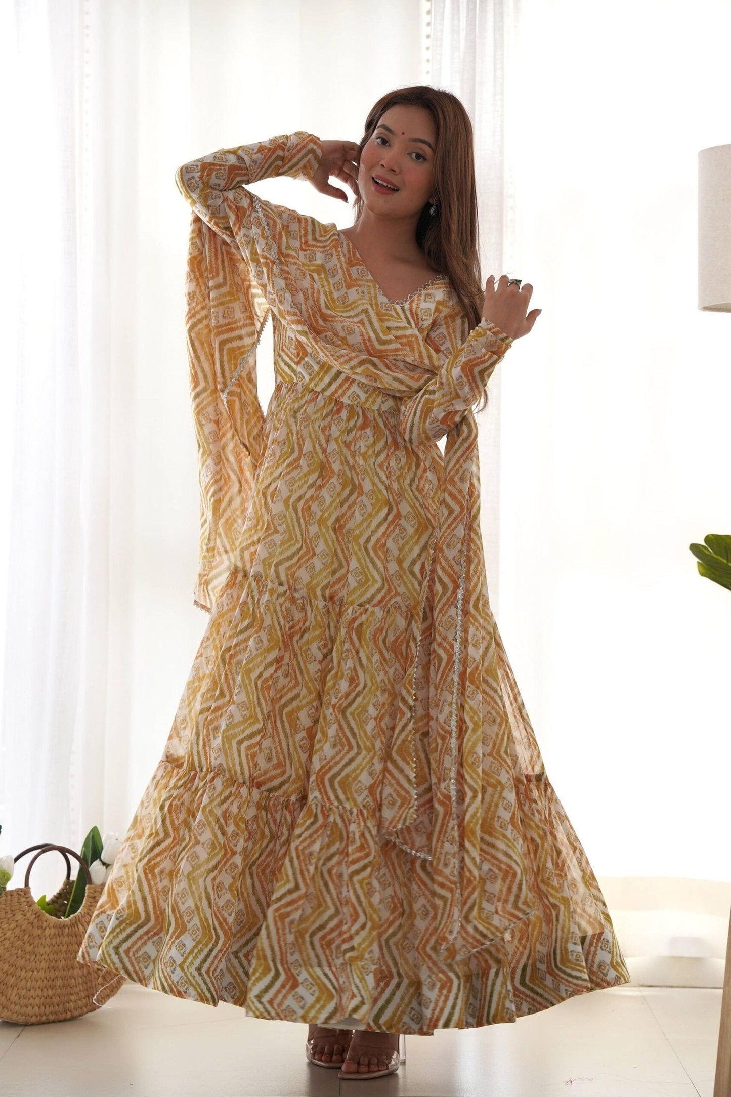 Stunning Multi-Color Heavy Soft Fox Georgette Zigzag Print Anarkali