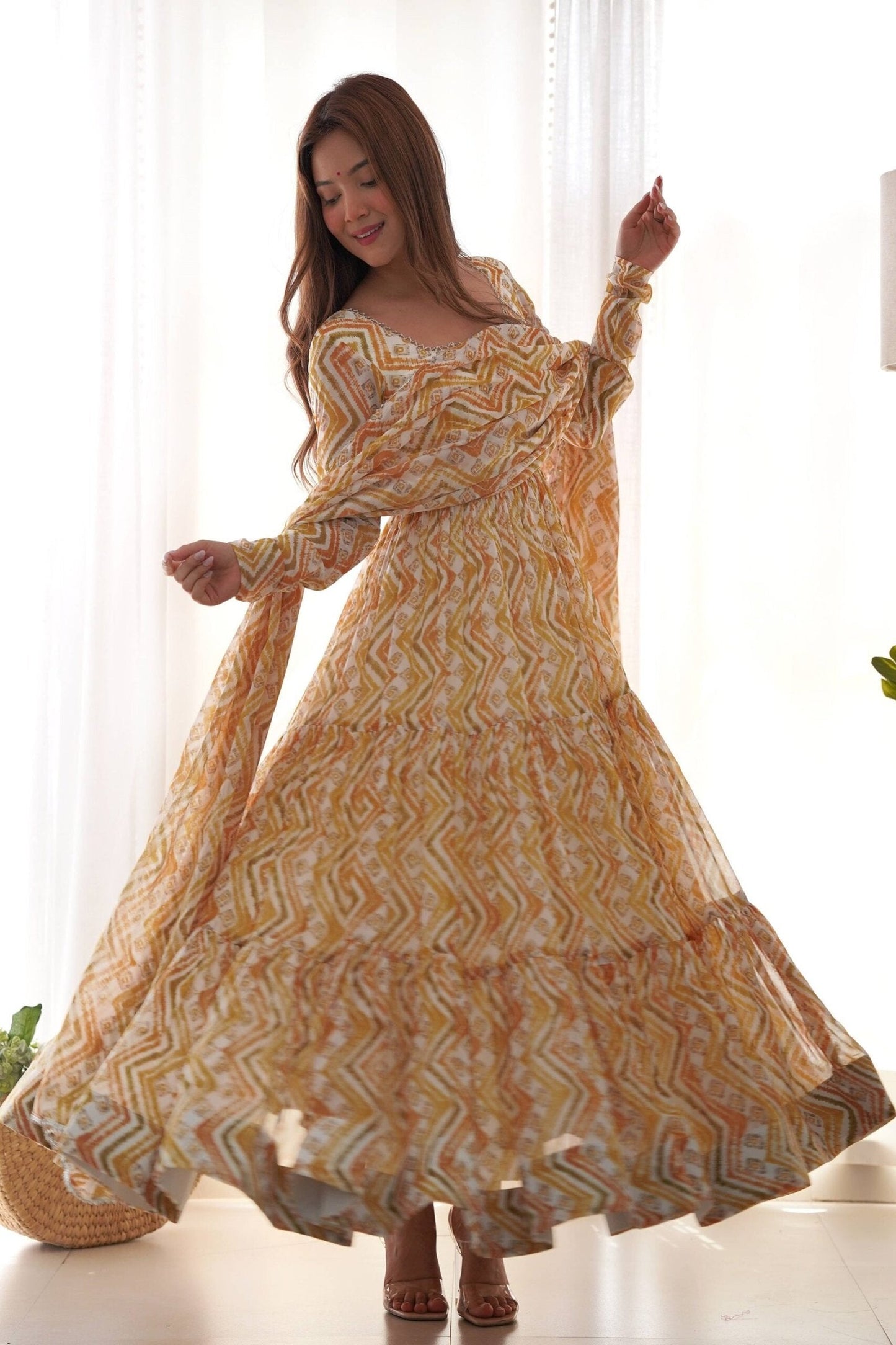 Stunning Multi-Color Heavy Soft Fox Georgette Zigzag Print Anarkali