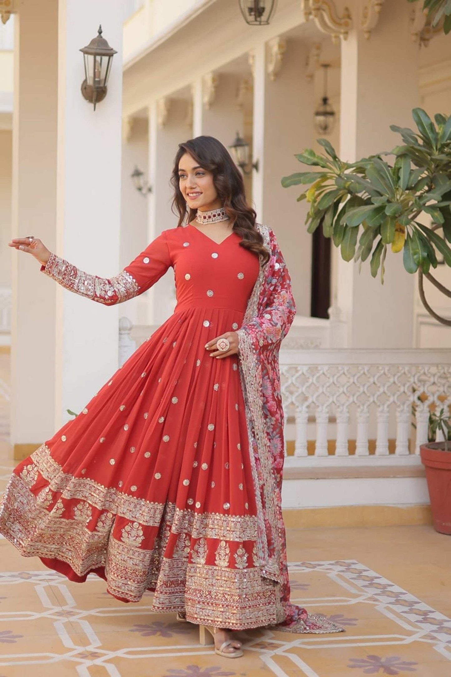 Orange Heavy Embroidery Work Gown with Dupatta