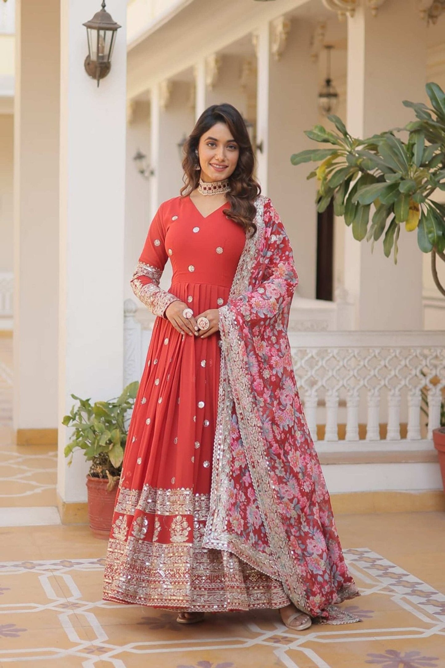 Orange Heavy Embroidery Work Gown with Dupatta