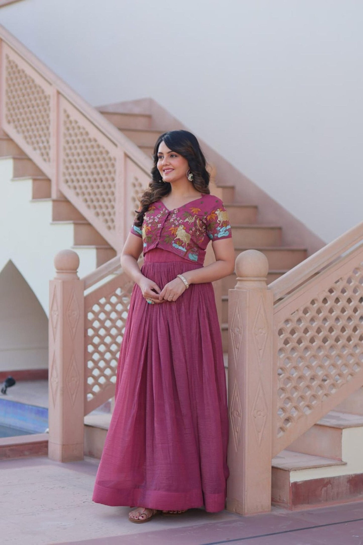 Ruby Color Jacket Style South Indian Gown Set