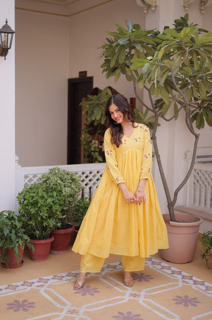Yellow Cotton Kurti Pant Set with Embroidered Work