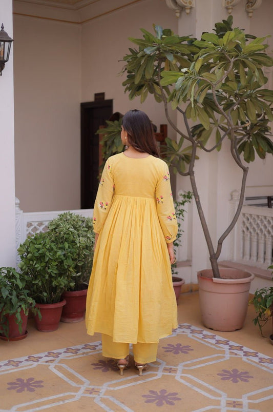 Yellow Cotton Kurti Pant Set with Embroidered Work