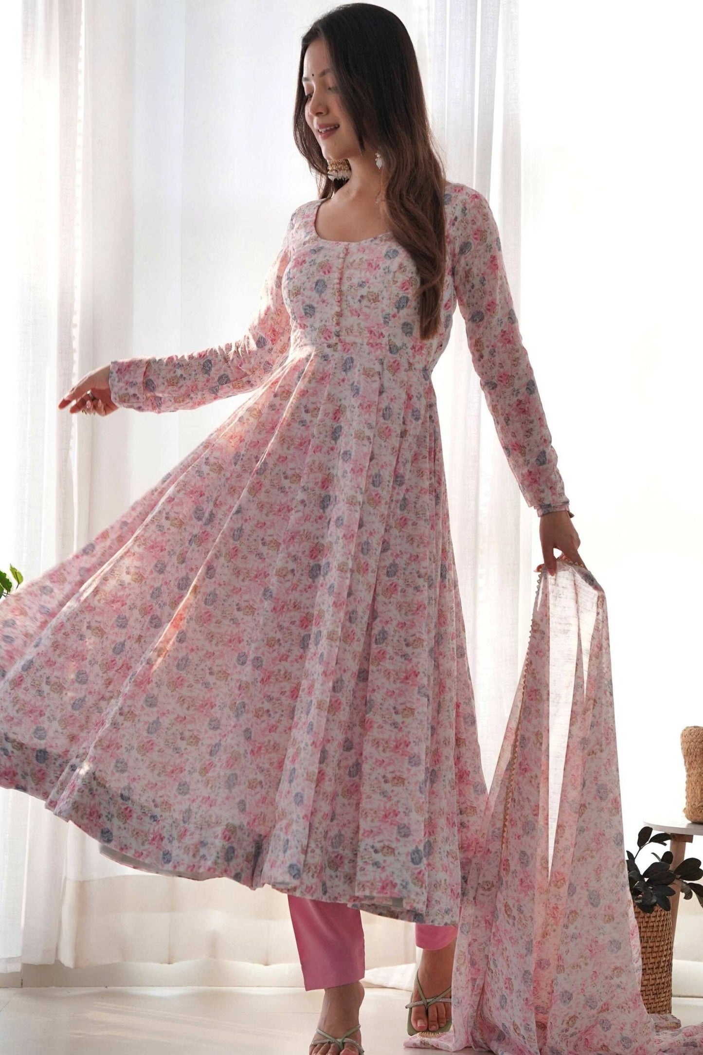 Elegant Pink Chiffon Anarkali Suit with Orange Floral Print Dupatta