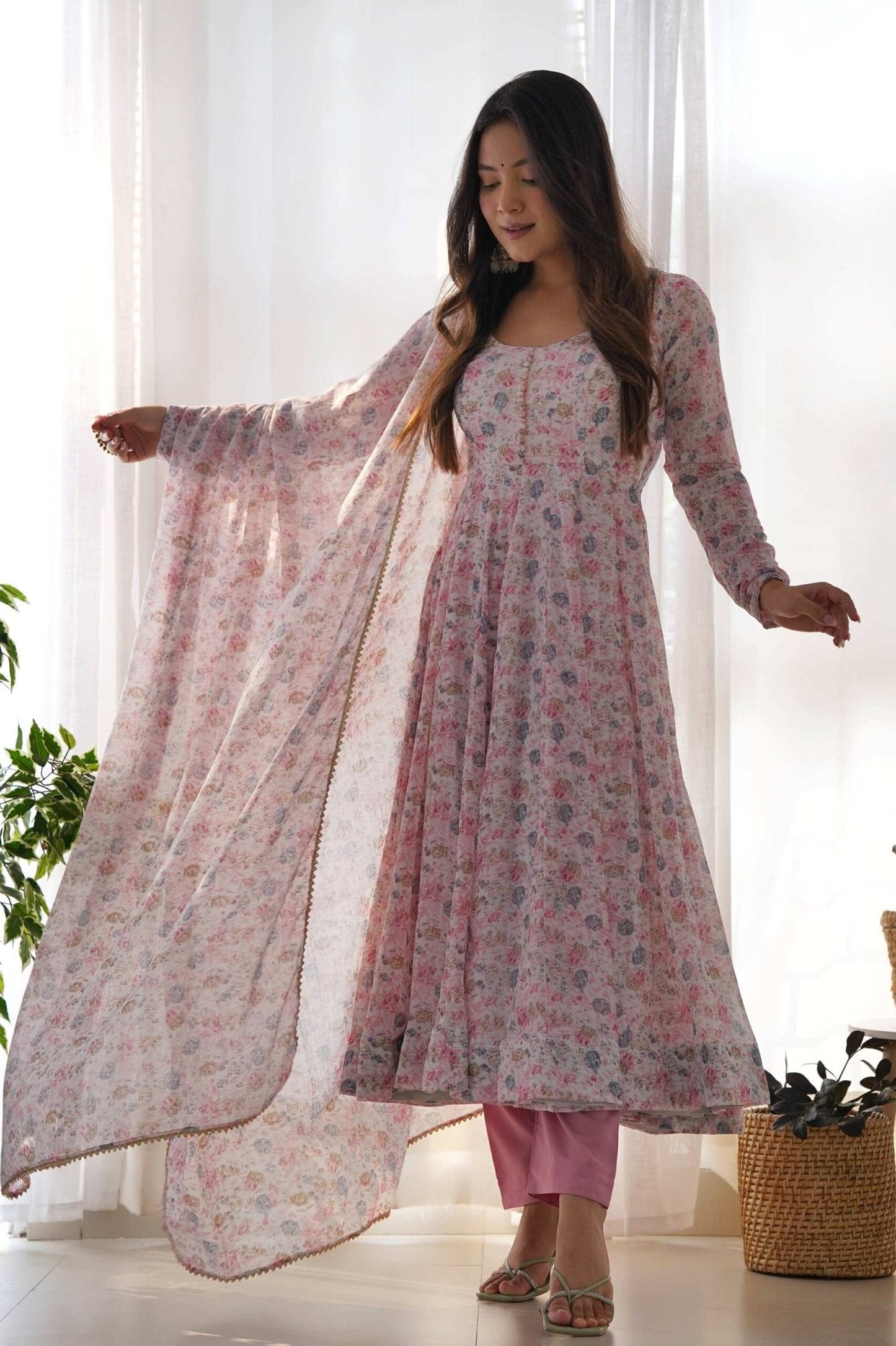 Elegant Pink Chiffon Anarkali Suit with Orange Floral Print Dupatta