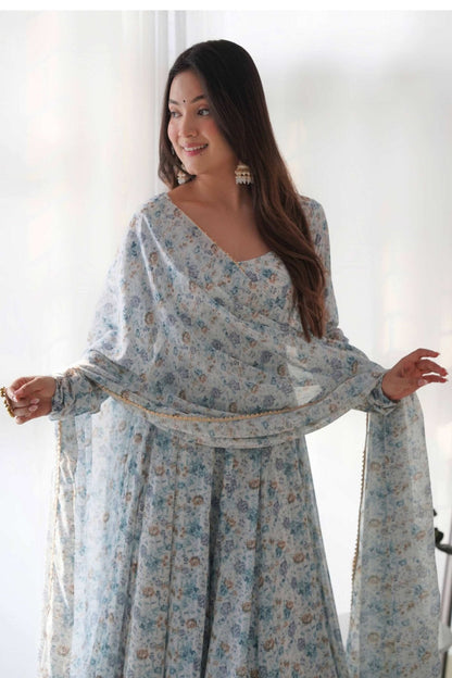 Exquisite Sky Blue Chiffon Anarkali Suit with Floral Print Dupatta