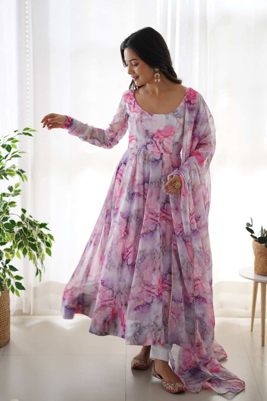 Exquisite Pink Organza Floral Print Anarkali Suit with Dupatta