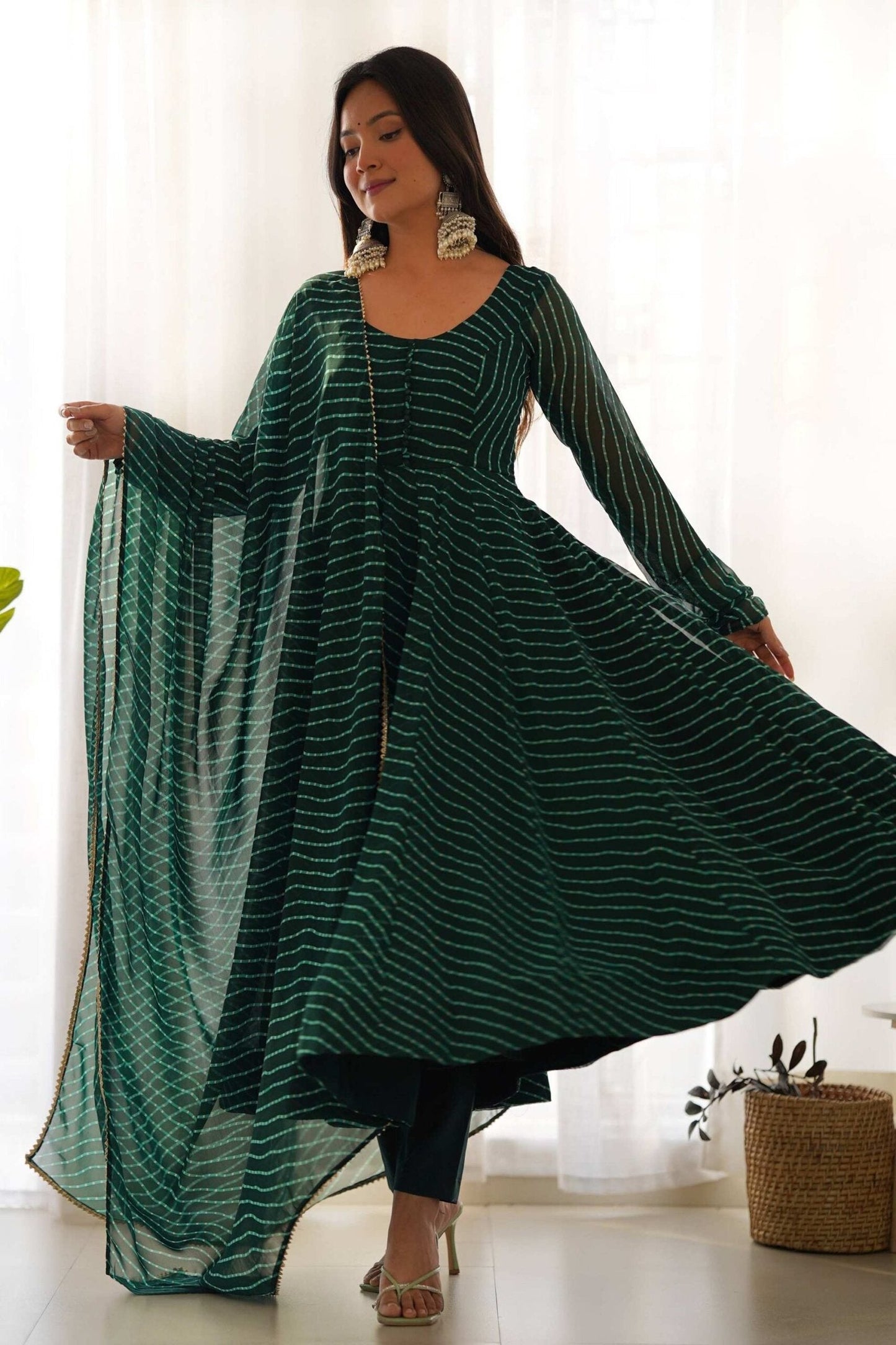Exquisite Bottle Green Laheriya Print Georgette Anarkali Suit with Dupatta