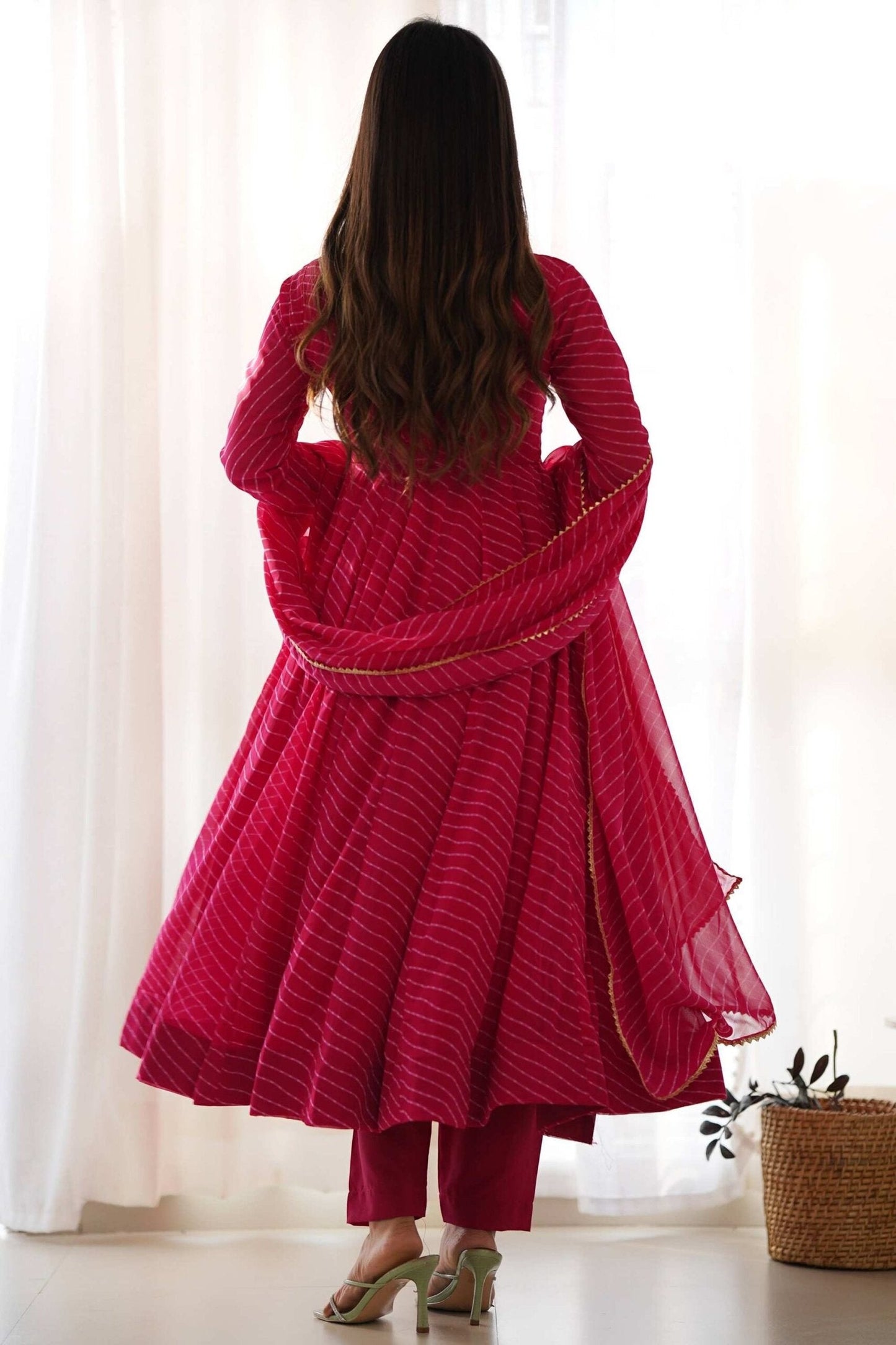 Vibrant Rani Pink Georgette Laheriya Print Anarkali Suit with Dupatta